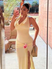 Maria Perezxox Elegant Draped Neck High Slit Textured Fabric Dress Party Summer - Light Yellow - View 5