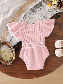SHEIN Vintaside Kids Baby Girl Sweater Crawling Suit, Pullover Pink Checkered Knit With Flutter Sleeves, Ruffle Collar, Jacquard Pattern, Triangle Knit Bodysuit, Cute - Pink - View 2