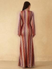 Silquee Vestido de malla de punto con cuello en V y manga larga para mujer, primavera/verano - Multicolor - Ver 2
