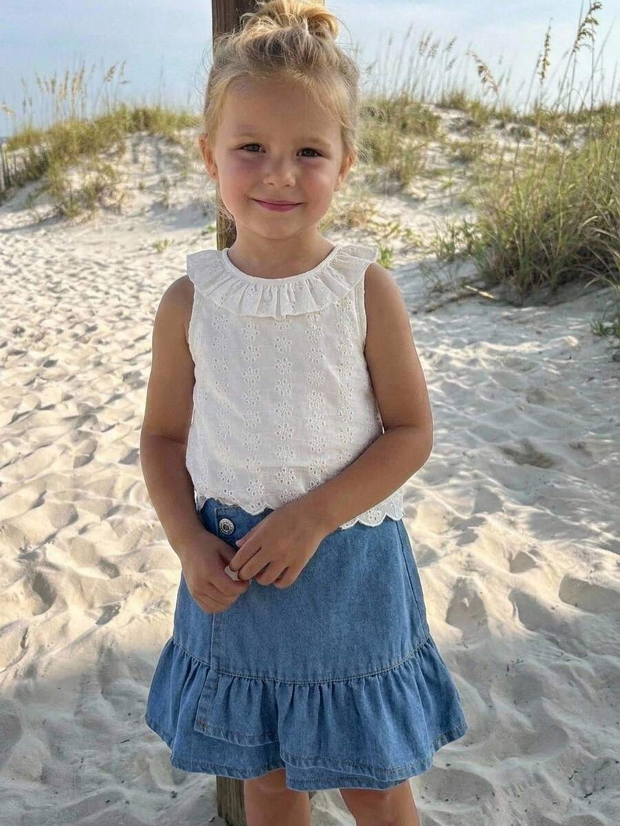 Genkimix Kids Young Girl Summer Beach Casual Sweet Cute Solid Color Schiffy Lace Sleeveless Tank Top And Ruffle Hem Denim Skirt Set - Multicolor - View 1