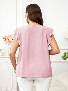 Reflora Plus Size Women's Textured Patchwork Ruffle Lace Loose Short Sleeve Blouse, Spring/Summer Holiday Pink Casual - Pink - View 2