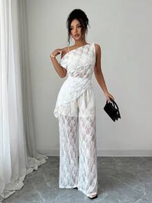 SHEIN Elenzya Women's Elegant Lace Daily Versatile Outfit Set Night Out White Beige Summer - White - View 5