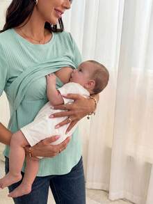SHEIN Maternity Nursing Solid Color Ribbed Casual T-Shirt World Cup - Mint Green - View 3