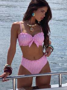 Swim Lushoire 春夏流行女款波點印花設計性感度假網紅風海灘比基尼套裝 - 粉色 - 查看 4