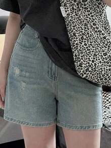 Dazy Plus Jeans rectos cortos y acortados de pierna recta, estilo de calle, talla grande para mujer, lavado vintage desgastado y descolorido, primavera/verano - Lavado ligero - Ver 4