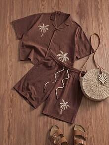 SWAVVY Men's Woven Fashion Casual Young Loose Short Sleeve Shirt And Elastic Waist Straight Leg Shorts 2 Pieces Set - Brown - View 8