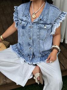 SHEIN Holidaya Plus Size Summer Casual Washed Front Button Frayed Denim Jacket - Blue - View 4