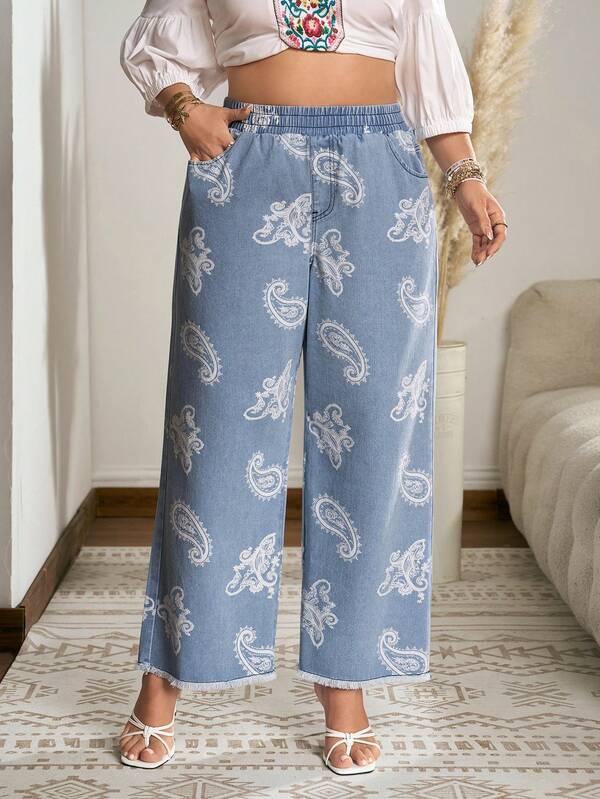 Breezaya Plus Size Women's Elastic Waist Cashew Print Casual Versatile Daily Wear Denim Jeans