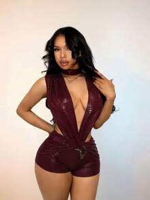 Amplova Women's Tight Burgundy Jumpsuit Backless Deep V-Neck Waist Cutout Snake Skin Pattern Stretchy Summer Club Night Out Night Rave Avant-Garde Sexy - Burgundy - View 14