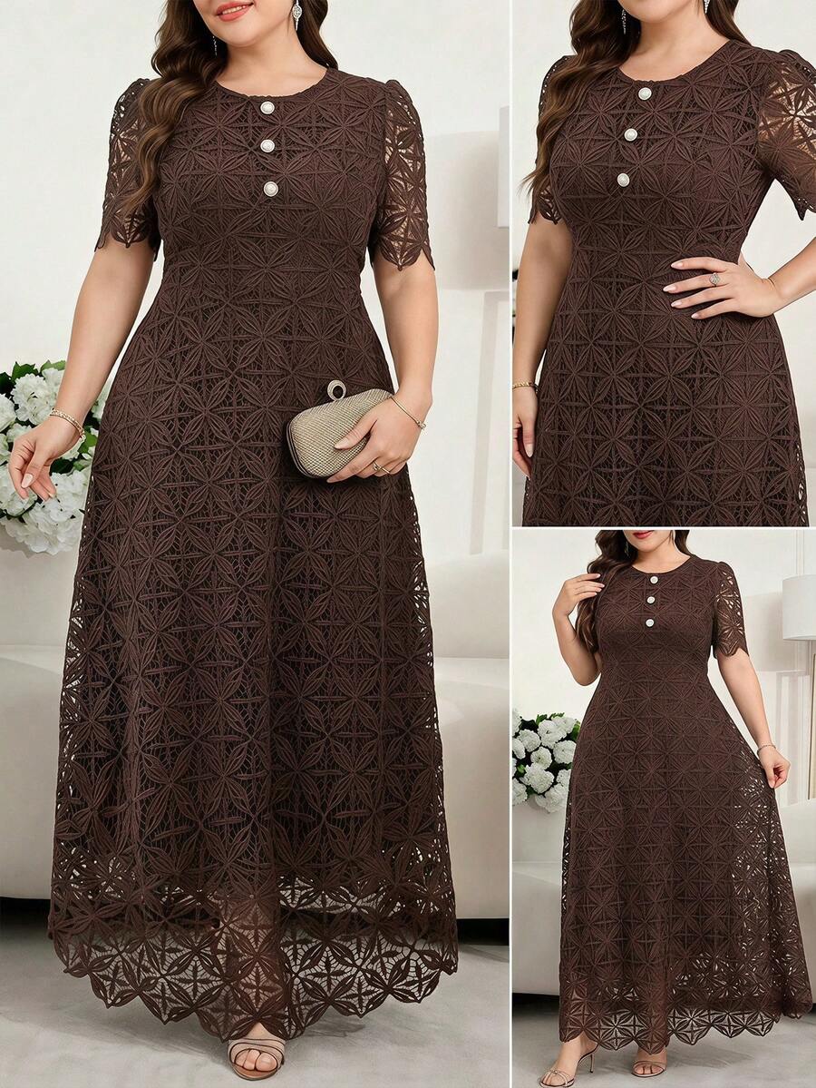Reflora Plus Size Elegant Elegant Faux Pearl Button Decor Lace Patchwork Round Neck Dress - Brown - View 1