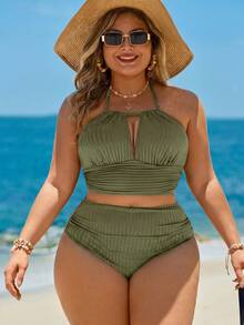 Swim Lushoire Plus Size Solid Color Spaghetti Strap Halter Neck Bikini Set Set - Green - View 5