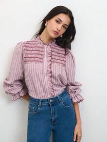 Nöista Blusa de rayas finas rosa con bordado de panal y volantes, estilo retro francés. Primavera, verano, otoño, top versátil, vuelta al colegio - Rosa - Ver 1