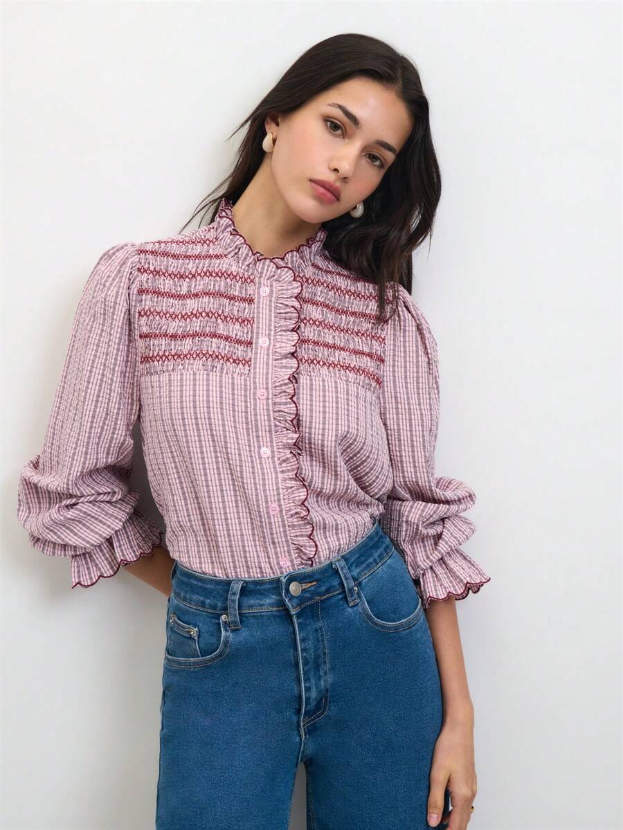 Nöista Blusa de rayas finas rosa con bordado de panal y volantes, estilo retro francés. Primavera, verano, otoño, top versátil, vuelta al colegio - Rosa - Ver 1