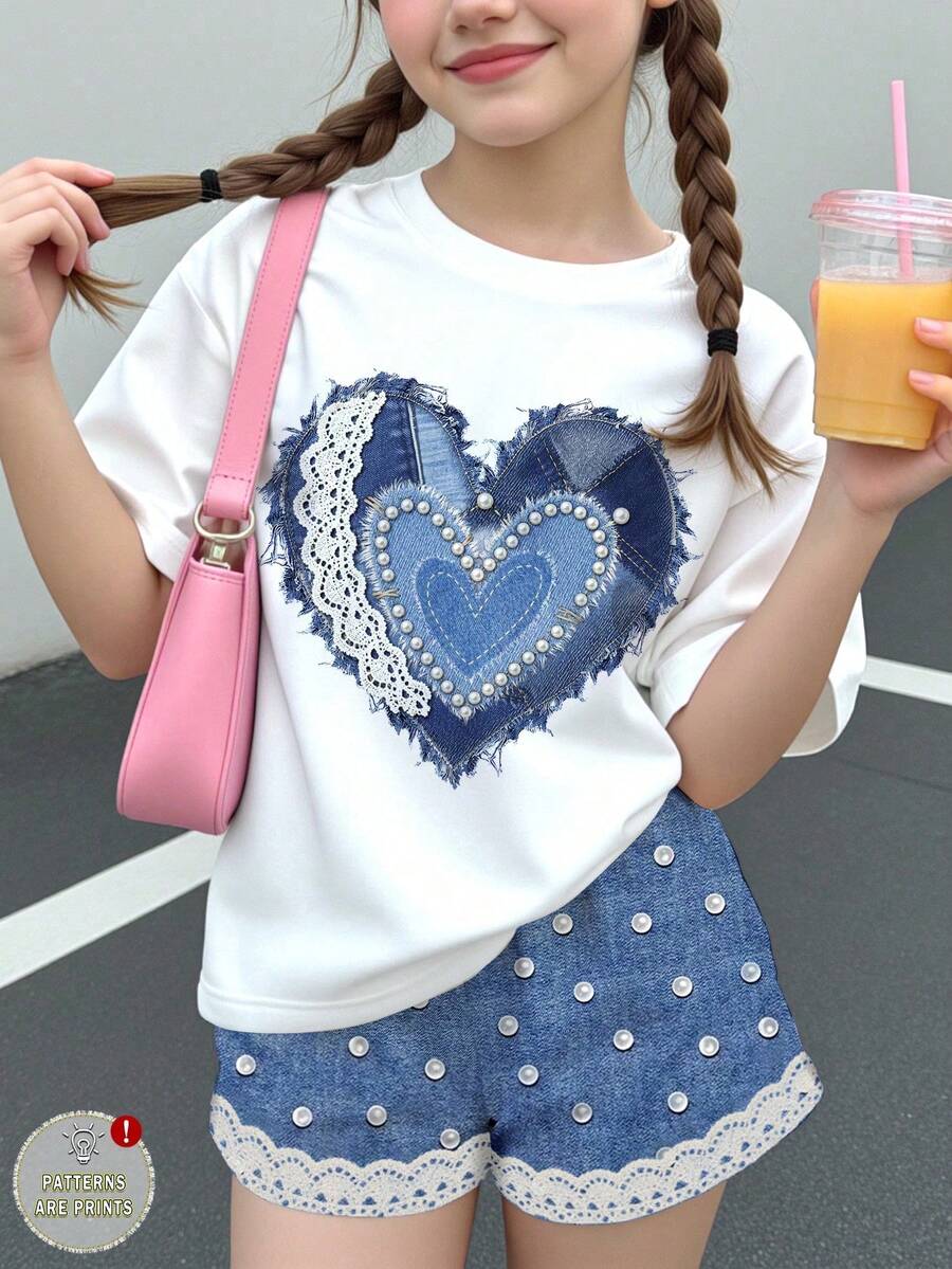 少女休閒可愛甜美紋理珍珠愛心印花拼接短袖短褲兩件套,適合夏季圖案舒適女童套裝,Y2k復古度假開學風 - 彩色 - 查看 1
