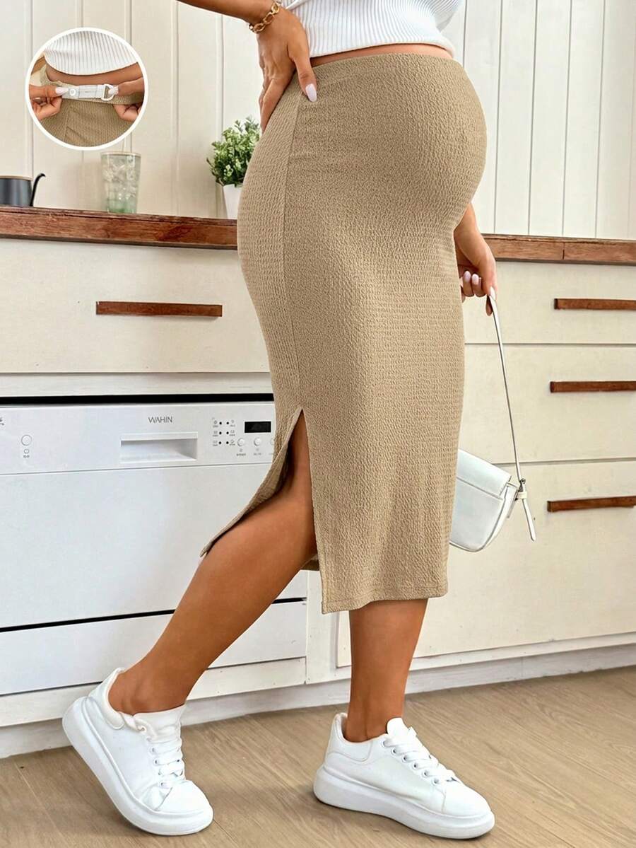 SHEIN 孕婦純色可調腰圍側開衩下擺休閒裙 - 卡其色 - 查看 1