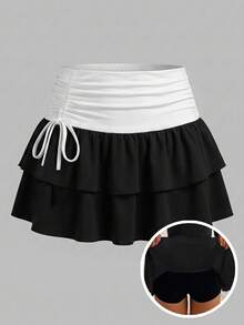 SHEIN Tween女孩針織黑白對比蝴蝶結荷葉邊休閒裙 - 黑與白 - 查看 3