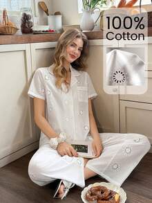 Snug Reverie Damen 100% Baumwolle Jacquard Romantisch Frisch Kurzarm Lange Hose Loungewear 2-teiliges Set - Weiss - Übersicht 5