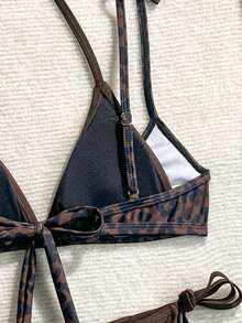 Oceva Women's 2-Piece Leopard Print Random Pattern Summer Sexy 2 In 1 Spaghetti Strap Tie-Up Top And Side Tie Triangle Bikini Set - Multicolor - View 5