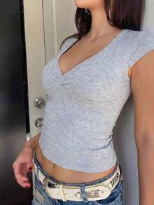 INAWLY 女款純色V領短袖修身休閒T恤 - 灰色 - 查看 2