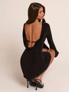 SHEIN BAE Spring/Autumn Black Boat Neck Flared Sleeve Backless Cowl Neck Metal Buckle Cinched Waist Short Dress, Vintage Sexy Style, Suitable For Party, Date, Evening Wear, Birthday Party, Daily Commute - Black - View 3
