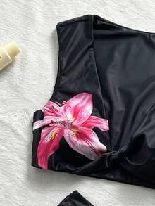 SHEIN Swim 心形領口波點冰絲印花柔軟面料扭轉杯可愛比基尼兩件式泳衣 - 彩色 - 查看 8