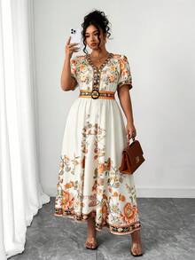 SHEIN Clasi Plus Size Women's Hot-Selling Fashionable Versatile Thai Maldives Travel Beach Vacation Bohemian Print Cinched Waist V-Neck Flutter Sleeve Flared Long Dress Spring Summer - Apricot - View 4