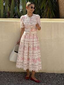 DAZY French Fashion Elegant Polka Dot Lace Embroidered Skirt 2 Pieces Set, High-End Chic Outfit For Girls And Women Summer - Pink - View 6
