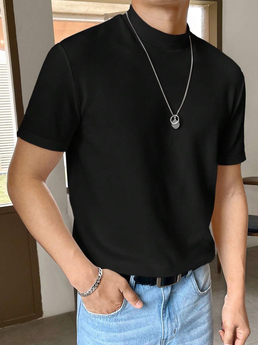 SWAVVY 男士夏季休閒百搭純色短袖T恤 - 黑色 - 查看 1