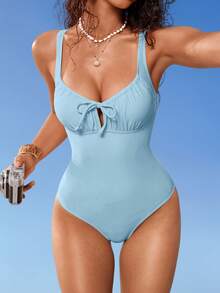 Shapewave Traje de baño de una pieza de unicolor para mujer para vacaciones y playa - Celeste - Ver 6