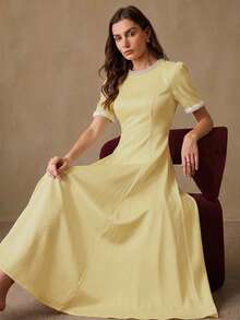 BELROSIE Women's Dress Waist-Cinching A-Line Pearl Beaded Round Neck Cuffs Princess Line Large Swing Elegant Vintage Old Money White And Gold Dinner Summer - Yellow - View 1