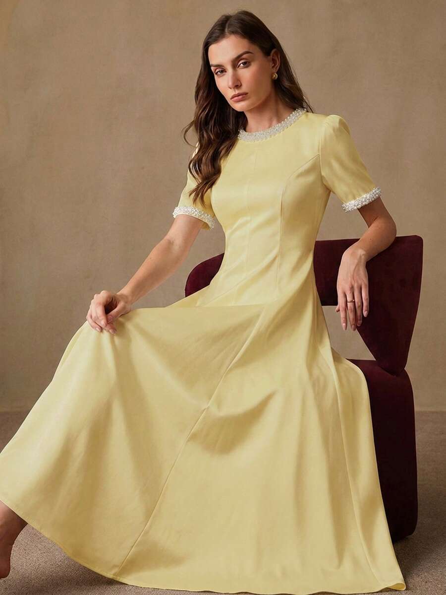 BELROSIE Women's Dress Waist-Cinching A-Line Pearl Beaded Round Neck Cuffs Princess Line Large Swing Elegant Vintage Old Money White And Gold Dinner Summer - Yellow - View 1