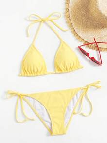 Sweetra Solid Color Two-Piece Swimsuit Set For Vacation Beach - Yellow - View 4