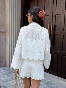 SHEIN Frenchy Elegant Two-Piece Set For Women's Vacation Wear: Embroidered, Openwork, Single-Breasted White Shirt And Shorts,White Shirt,Going Out Outfits - White - View 2