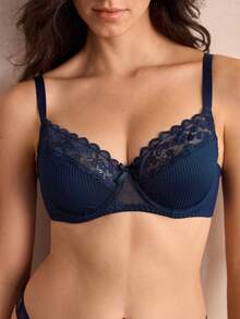 Charlaine Women's Solid Color Bow Decor Contrast Lace Underwire Bra - Navy Blue - View 6