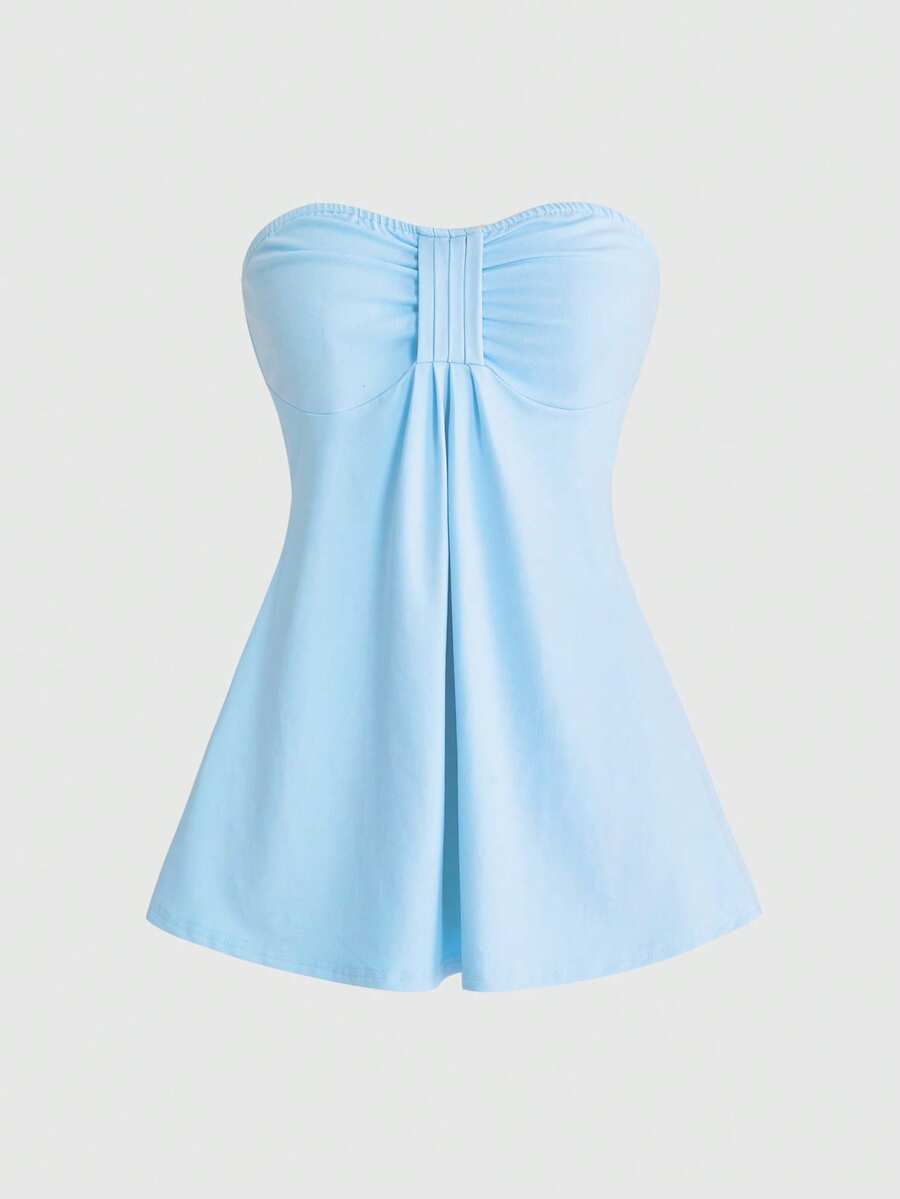 ROMWE Goth Summer Casual Versatile Solid Color Bandeau Top - Baby Blue - View 1
