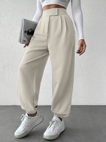 EURMUSE Cone Shaped Women Grey Suit Pants With Detailed Waist - Cream - View 1