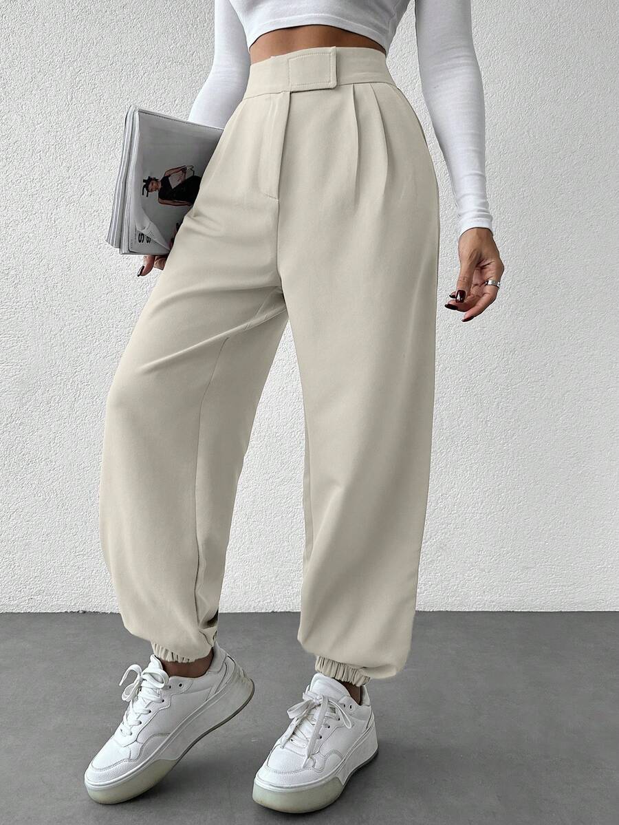 EURMUSE Cone Shaped Women Grey Suit Pants With Detailed Waist - Cream - View 1