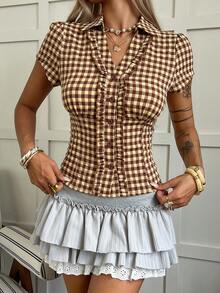 DAZY Women's Vintage Sweet Brown & Beige Plaid Collared Puff Short Sleeve Button-Up Cardigan Blouse With Ruffle Trim, Cinched Waist, Slim Fit Cute Tops - Brown - View 3