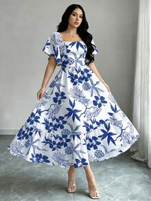 Modelyn 女款扶桑花、鳳梨、棕櫚樹印花花卉洋裝，時尚方領短袖荷葉邊下擺設計，夏季度假風洋裝 - 彩色 - 查看 4