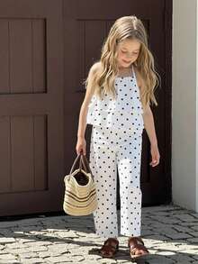 SHEIN Elladie kids 春夏女童 4 件套黑白波點細肩帶背心與寬腿褲套裝，適合日常穿著、週末出遊、家庭聚會等多種場合 - 黑與白 - 查看 9