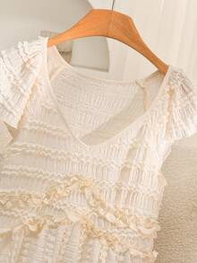 Story & Sage Casual Romantic Elegant Vacation Women's T-Shirt Spring Summer Slim Fit Knitted Jacquard Ruffle Sleeve Hemline Beige Tea Party Brunch Date Night - Apricot - View 5