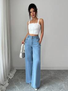 SHEIN Clasi Women's New American Style Loose Non-Stretch Denim Wide Leg Long Pants - Light Wash - View 3
