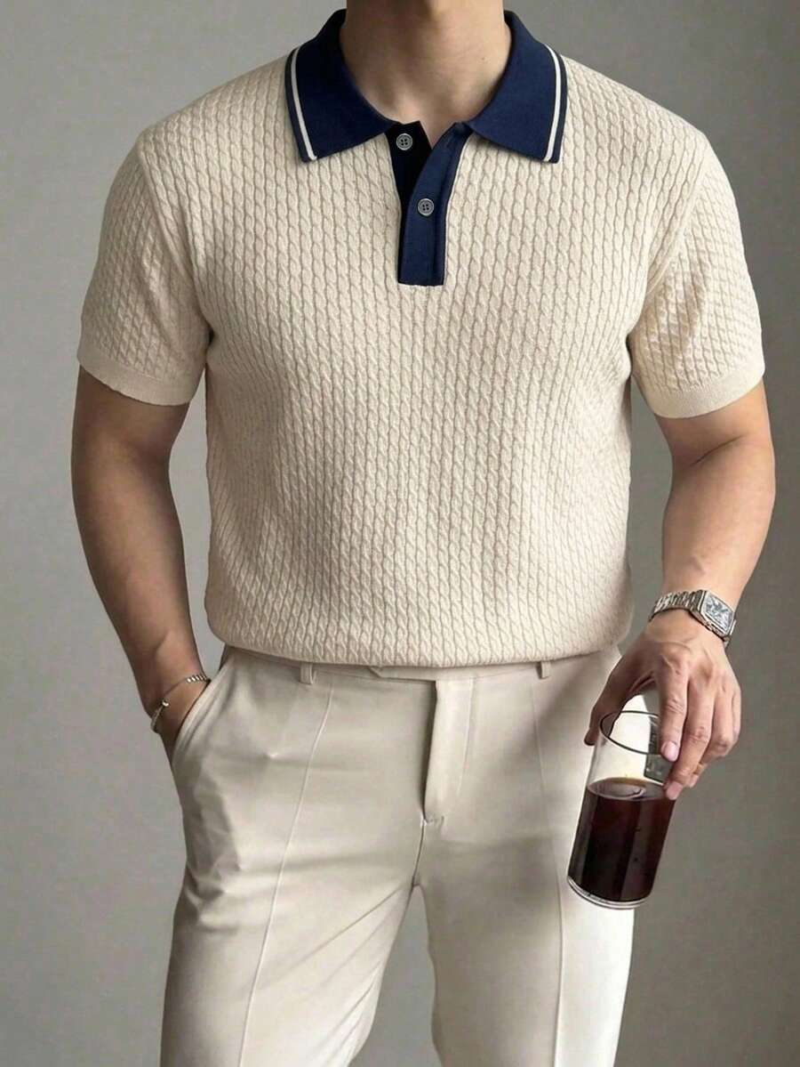 DAZY Top de punto de verano para hombre con media botonadura, patchwork y contraste de color - Multicolor - Ver 1