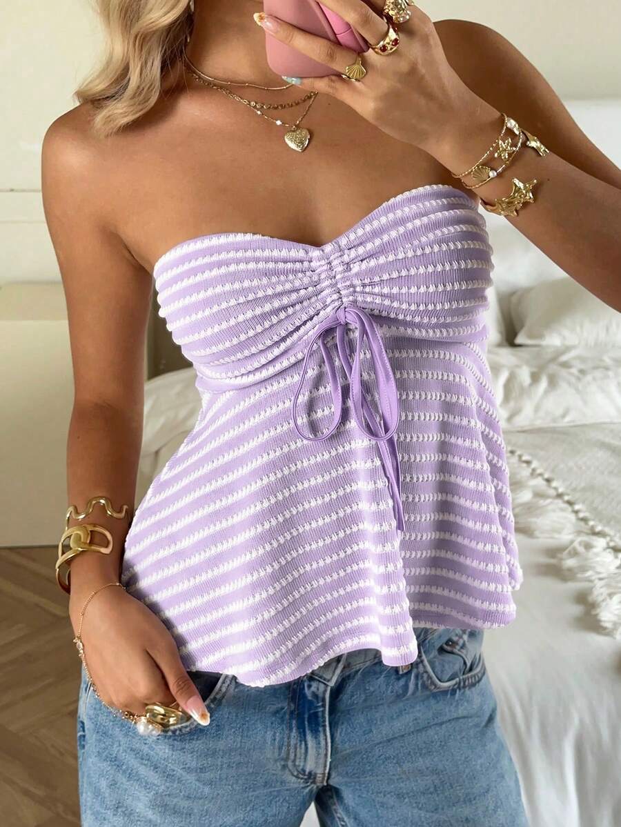 CovetEZ Lavender Striped Ruched Bandeau Top, Summer - Mauve Purple - View 1