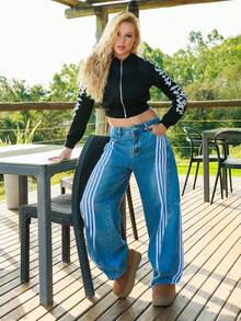 Bela Noronha Women Gothic Font Cropped Zip Front Hoodie Sweatshirt,Black White,Fall Winter,Streetwear, Style,Back To School Pullover Fall,Teacher Graduation Casual - Black - View 1