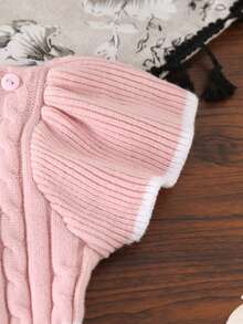 SHEIN Vintaside Kids Baby Girl Sweater Crawling Suit, Pullover Pink Checkered Knit With Flutter Sleeves, Ruffle Collar, Jacquard Pattern, Triangle Knit Bodysuit, Cute - Pink - View 4