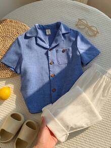 SHEIN 兒童小男孩/小女孩，小男孩 2 件組 春/夏休閒度假風短袖襯衫與長褲套裝，小男孩夏季服飾，穿搭，Squishy - 藍色 - 查看 5