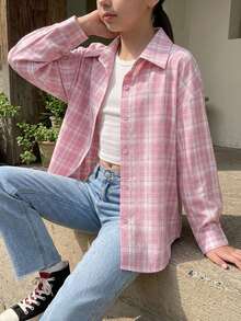 DAZY Plaid Long Sleeve Casual Loose Daily Spring/Autumn Tween Girls Shirt - Pink - View 5