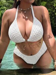 Swim Vcay Conjunto de Bikini de Dos Piezas Talla Grande con Decoración de Cadena de Conchas, Texturizado, Sexy, con Halter y Amarre para Verano - Blanco - Ver 6