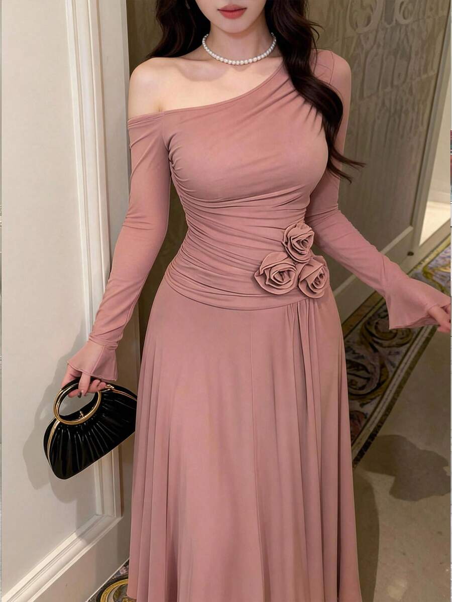 Feyla 女款素色單肩長袖3D花朵裝飾優雅長洋裝